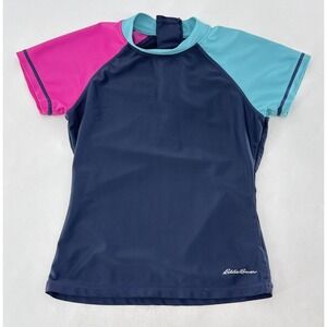 Eddie Bauer Rash Guard Shirt Kids Small 7‎ 8 Blue Pink Aqua Swim SPF Protection